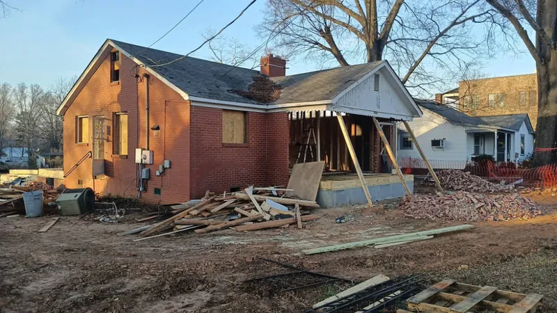 Existing brick house in Mint Hill gutted to the frame during the Panzu Brewery renovation